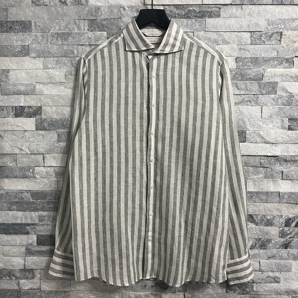 SUITSUPPLY Pure Linen Shirt Men's M 39/40 Long Sleeve Pinstripe Gray Button Up